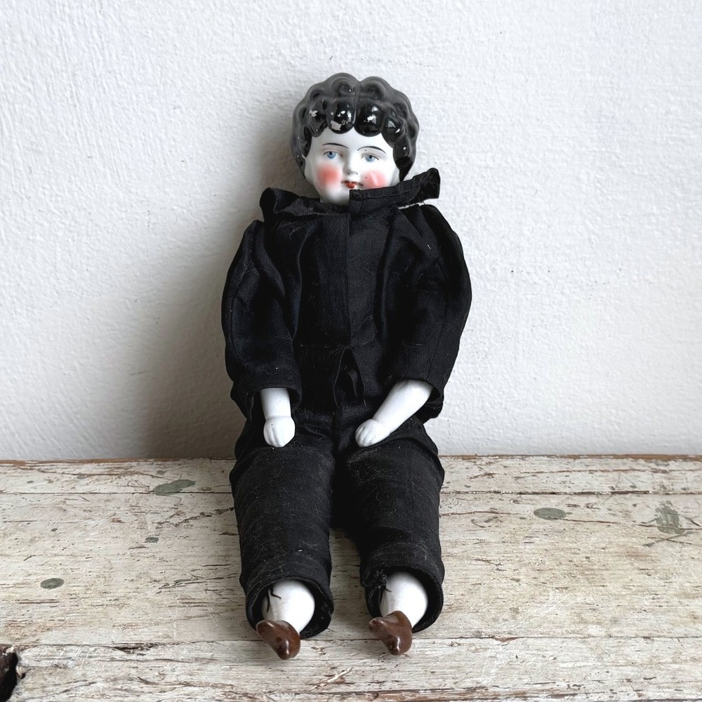 Antique German China Head Doll Black Molded Hair Cloth Body 10" Mid 19th Century